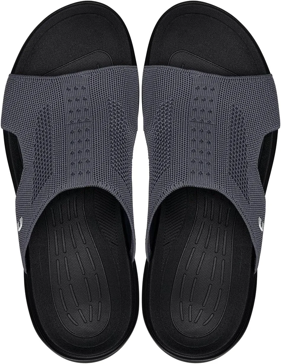 CALTO Men's Invisible Height Increasing Elevator Shoes - Black/Knitted Dark Grey Ultra Light-Weight Slip-on Comfort Sandals - 2 Inches Taller - X1658 - Size 10 D(M) US