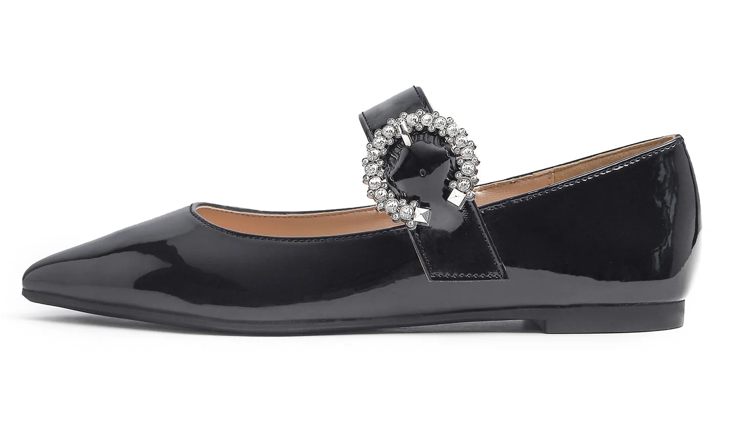 Feversole Women's Pointed Mary Jane Shoes Fashion Strap Buckle Slip On Flats Rhinestone Buckle