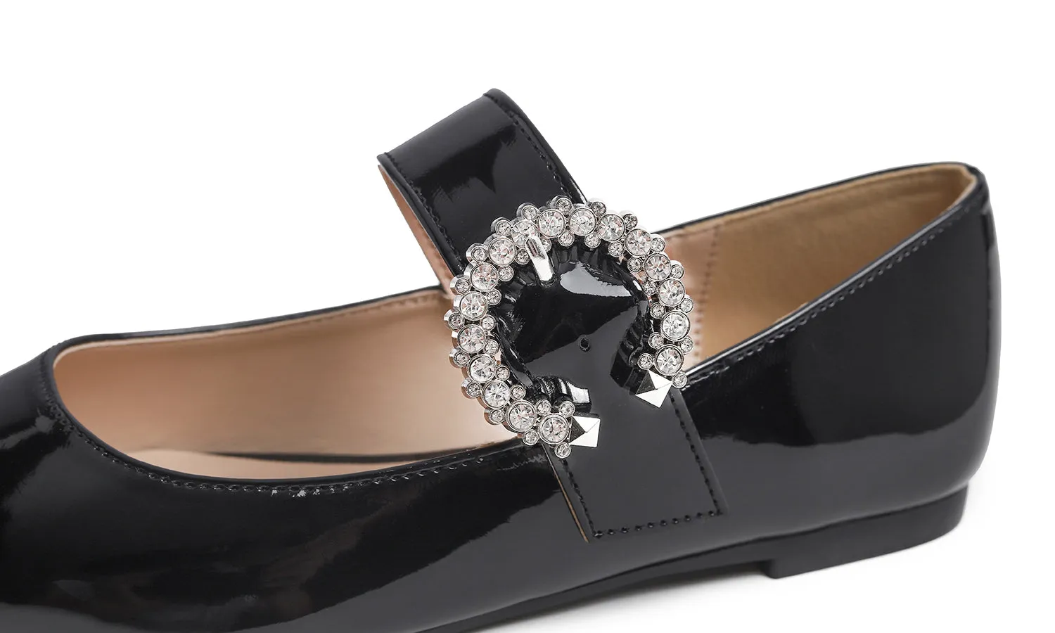 Feversole Women's Pointed Mary Jane Shoes Fashion Strap Buckle Slip On Flats Rhinestone Buckle