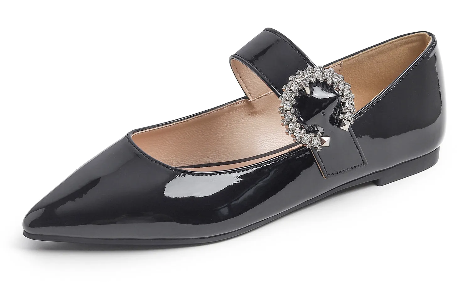 Feversole Women's Pointed Mary Jane Shoes Fashion Strap Buckle Slip On Flats Rhinestone Buckle