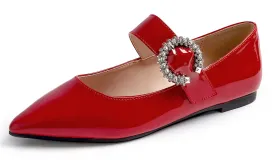 Feversole Women's Pointed Mary Jane Shoes Fashion Strap Buckle Slip On Flats Rhinestone Buckle