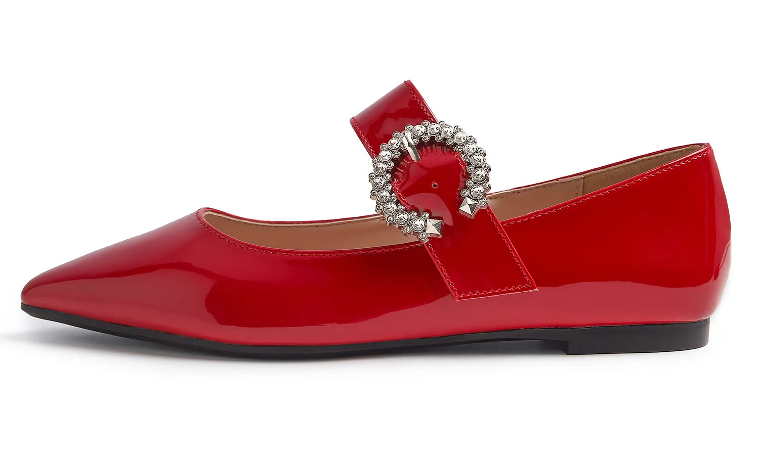 Feversole Women's Pointed Mary Jane Shoes Fashion Strap Buckle Slip On Flats Rhinestone Buckle