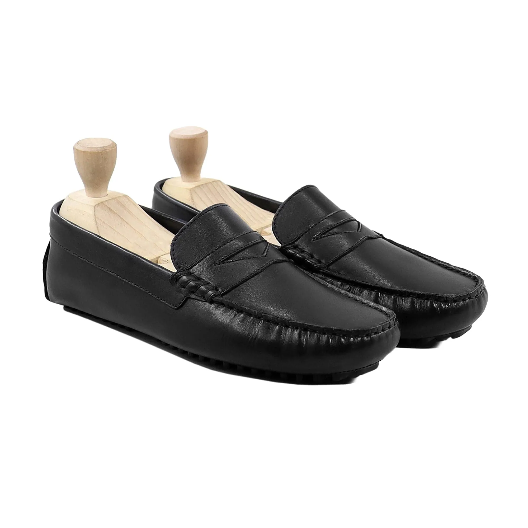 Handmade Custom  Black Calf Leather Driver Mens Loafers