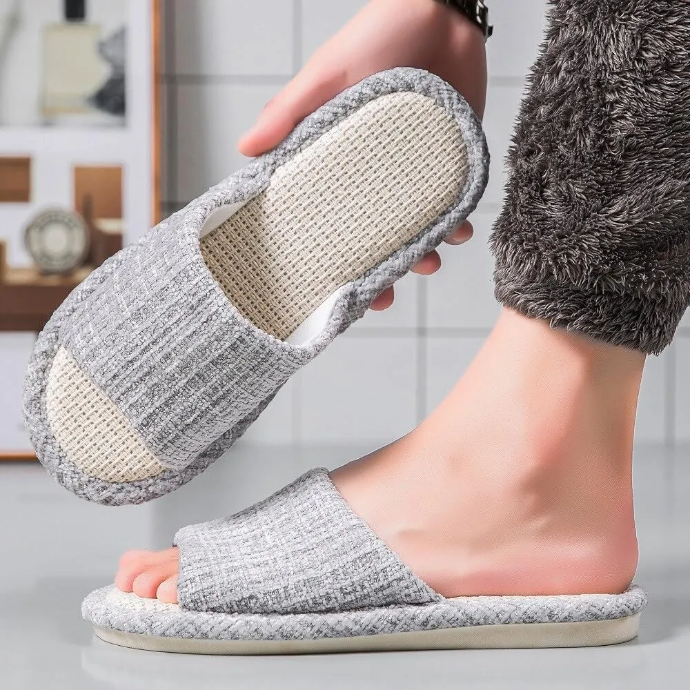 House Slippers Indoor Cotton Flax Slippers, Women's and Men's Casual Soft Non-slip Open Toed Mute Slippers