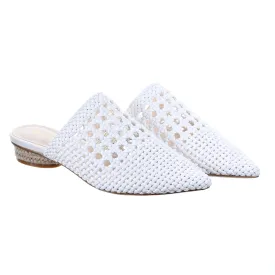 Mesh leather pointed toe slipper (white)