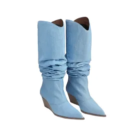 Pointed Wedge Heaps Pile Boots In Blue