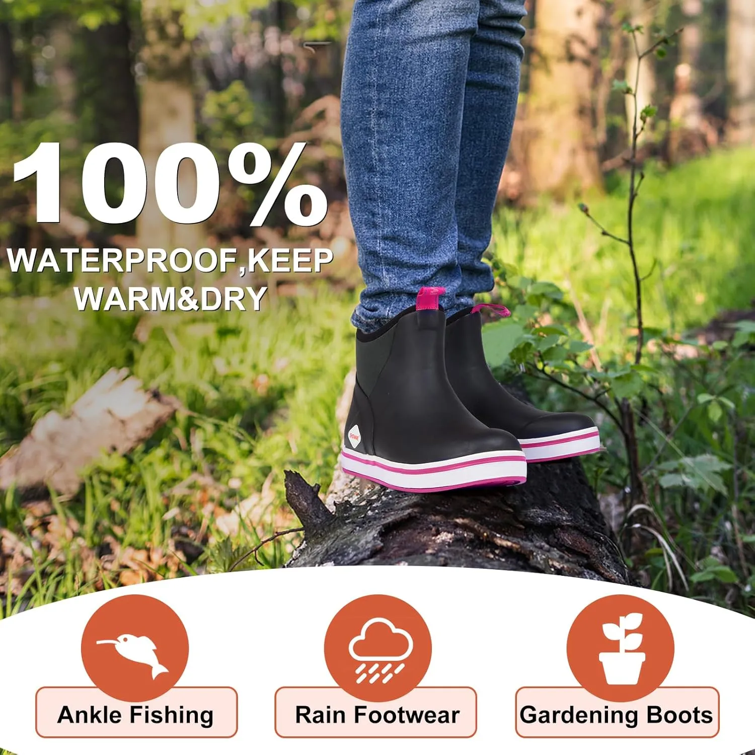 Showave Women's Deck Boots Waterproof Ankle Rain Footwear Non-Slip Rubber Boots for Boating Fishing Gardening Farming