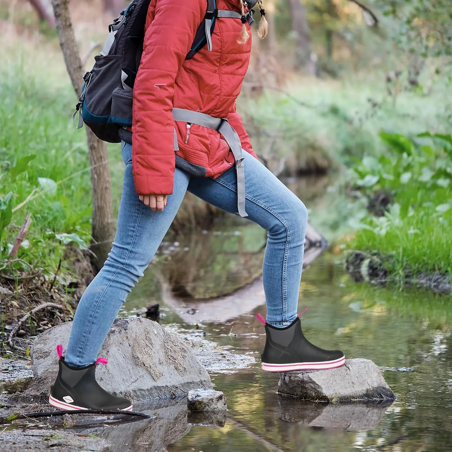 Showave Women's Deck Boots Waterproof Ankle Rain Footwear Non-Slip Rubber Boots for Boating Fishing Gardening Farming