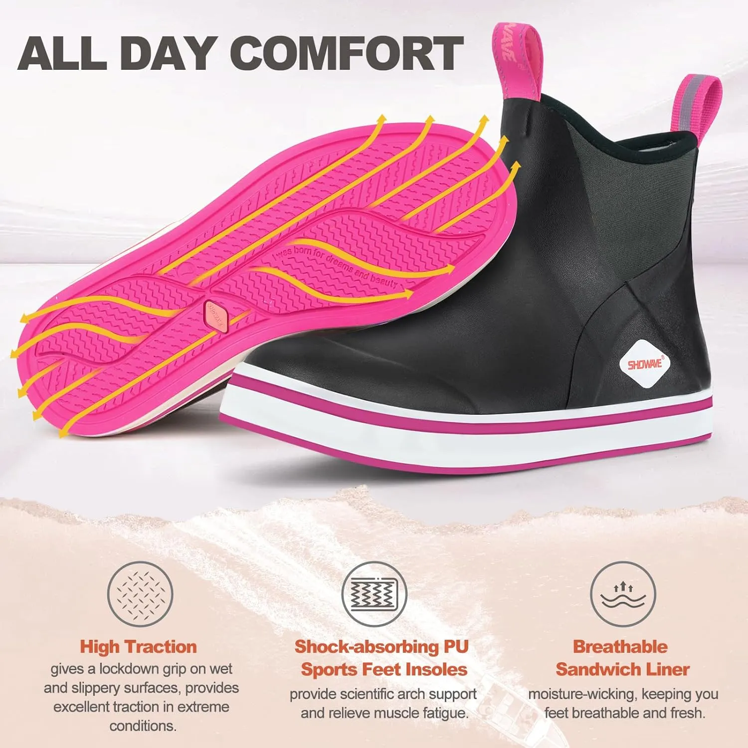 Showave Women's Deck Boots Waterproof Ankle Rain Footwear Non-Slip Rubber Boots for Boating Fishing Gardening Farming