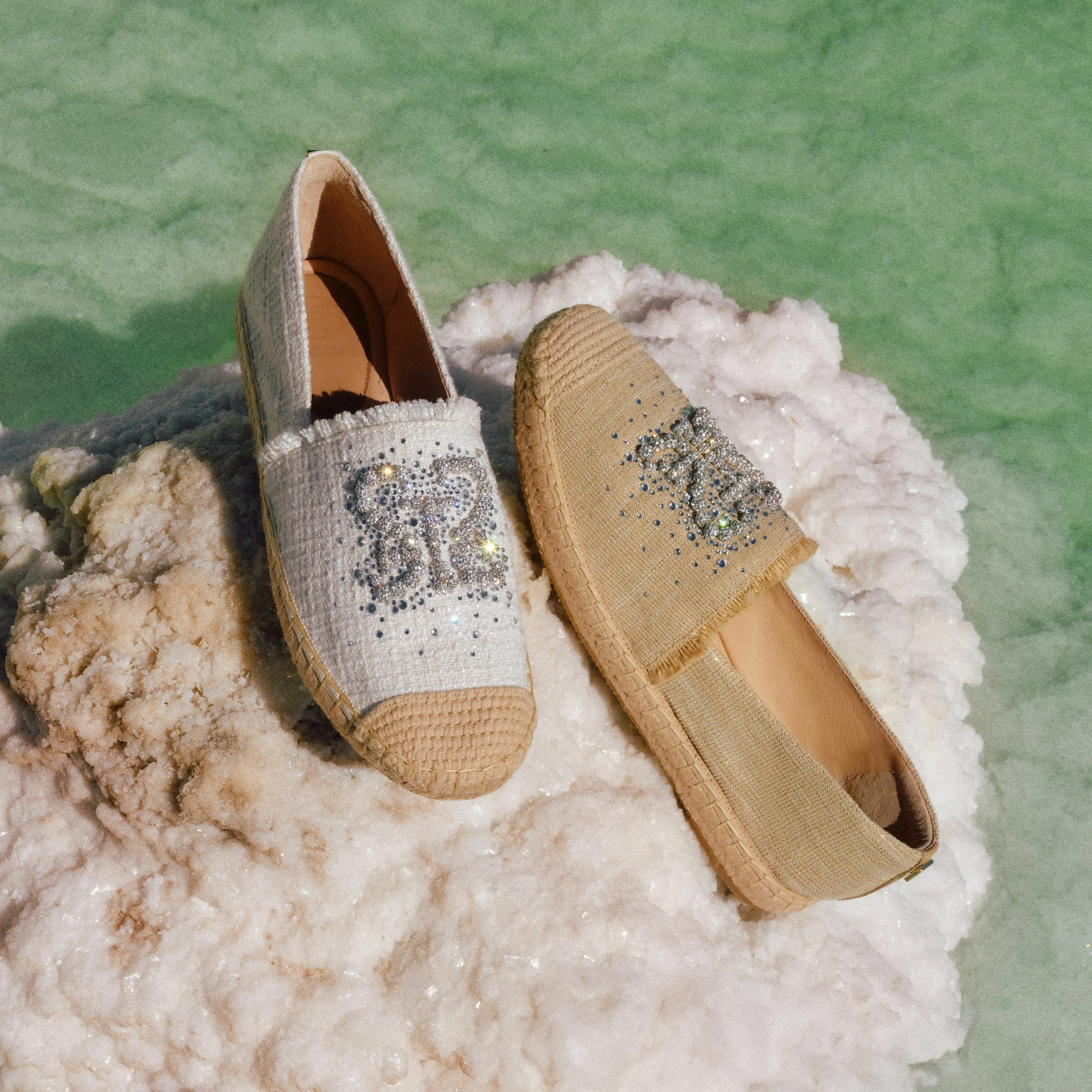 Taupe Crystal Pearl-Embellished Logo Espadrilles